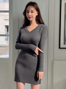 DAZY Ribbed Knit Jumper Dress - Dark Grey - View 8