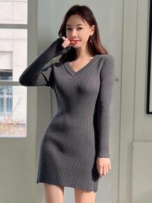 DAZY Ribbed Knit Jumper Dress - Dark Grey - View 9