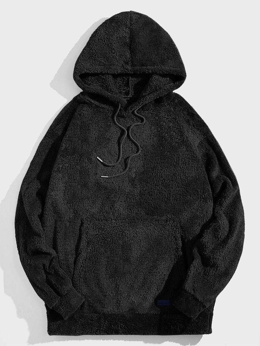 EASEVO Men's Plus Size Loose Fit Flannelette Hoodie With Kangaroo Pocket And Drawstring - Black - View 1
