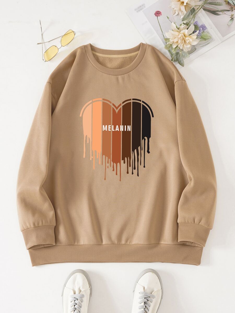 SHEIN LUNE Plus Heart & Letter Graphic Thermal Pullover - Khaki - View 1