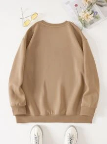 SHEIN EZwear Plus Coffee & Slogan Graphic Thermal Pullover - Khaki - View 2