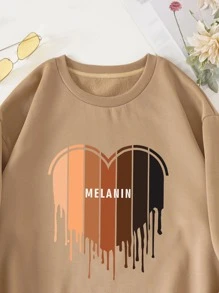 SHEIN LUNE Plus Heart & Letter Graphic Thermal Pullover - Khaki - View 3