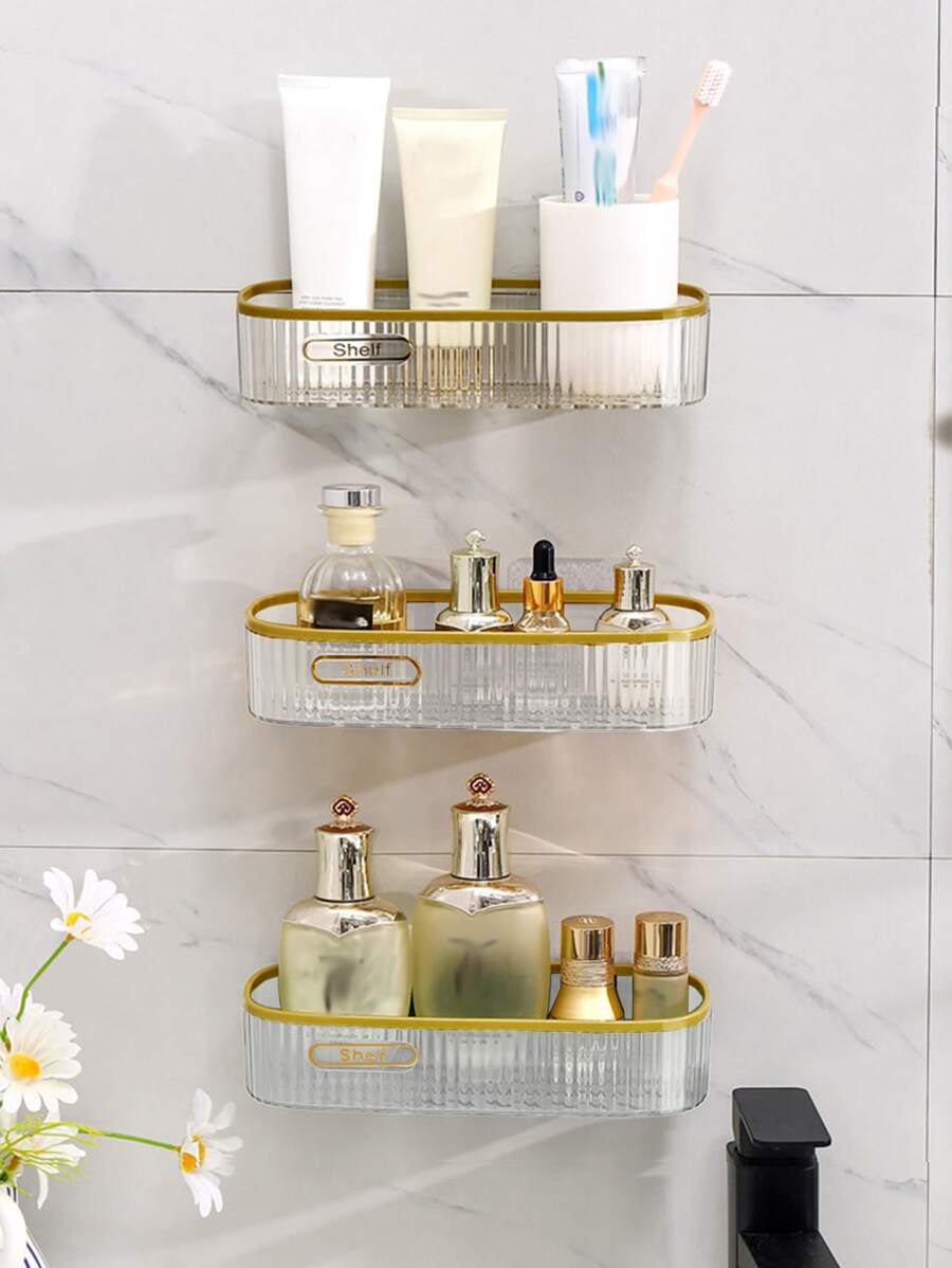 1 pièce 9,64 pouces Sans Perçage Support De Rangement Pour Salle De Bain , À Mural Domestique Cuisine Salle De Bain Toilette Étagère De Rangement - Transparent - Voir 1