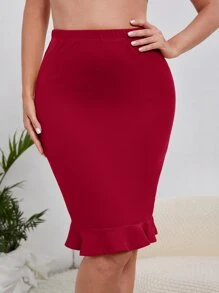 SHEIN Privé 素色荷葉邊鉛筆裙 - 酒紅色 - 查看 1