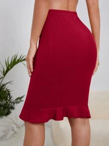 SHEIN Privé 素色荷葉邊鉛筆裙 - 酒紅色 - 查看 2