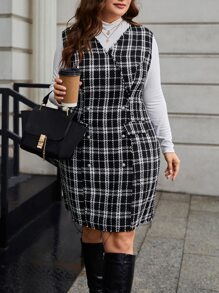 SHEIN Clasi Plus Plaid Double Breasted Tweed Dress Without Tee - Black and White - View 1