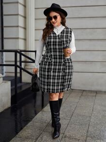 SHEIN Clasi Plus Plaid Double Breasted Tweed Dress Without Tee - Black and White - View 5