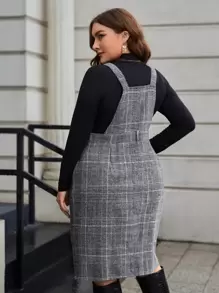 SHEIN Privé Vestido overol de cuadros bajo con abertura sin camiseta - Gris - Ver 2