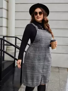 SHEIN Privé Vestido overol de cuadros bajo con abertura sin camiseta - Gris - Ver 5