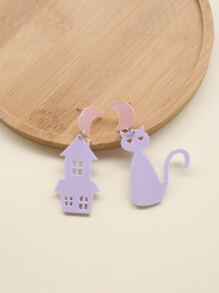 Moon Decor Houses & Cat Mismatched Drop Earrings - Multicolor - View 1