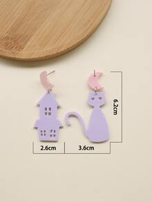 Moon Decor Houses & Cat Mismatched Drop Earrings - Multicolor - View 4