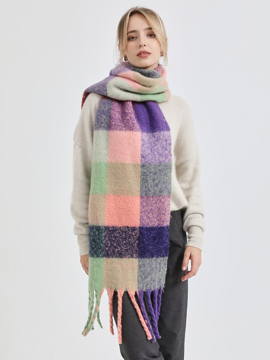 1 Pieza Bufanda Multicolor Para Mujer Con Estampado De Cuadros, Cálida Y Elegante, Adecuada Para Uso Diario - Multicolor - Ver 1