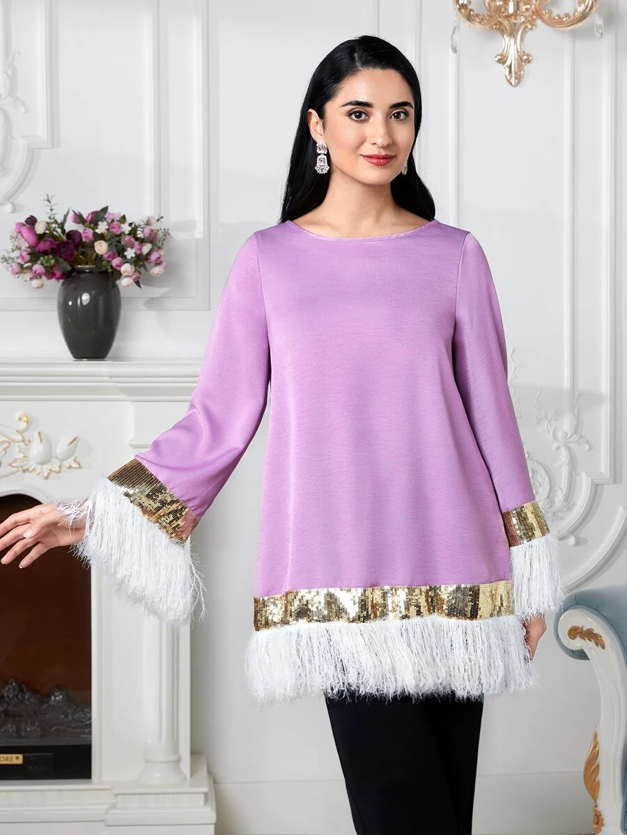 Modelyn Contrast Fuzzy Trim Sequin Panel Blouse - Lilac Purple - View 1