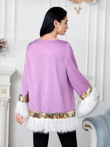 Modelyn Contrast Fuzzy Trim Sequin Panel Blouse - Lilac Purple - View 2
