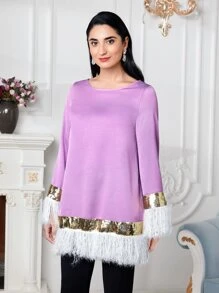 Modelyn Contrast Fuzzy Trim Sequin Panel Blouse - Lilac Purple - View 4