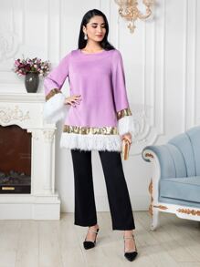 Modelyn Contrast Fuzzy Trim Sequin Panel Blouse - Lilac Purple - View 3