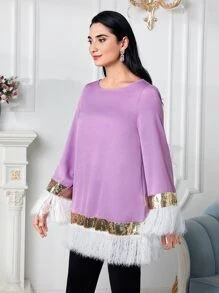 Modelyn Contrast Fuzzy Trim Sequin Panel Blouse - Lilac Purple - View 5