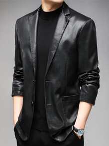 Manfinity Men Lapel Neck PU Leather Blazer - Black - View 8