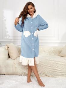 Áo choàng Nữ Viên lá sen Nút phía trước Khối Màu Dễ thương - Màu xanh nhạt - Xem 3