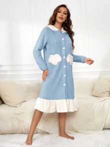 Áo choàng Nữ Viên lá sen Nút phía trước Khối Màu Dễ thương - Màu xanh nhạt - Xem 5