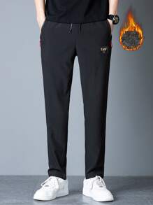 Manfinity Hombres Pantalones con estampado de letra de cintura con cordón - Negro - Ver 4