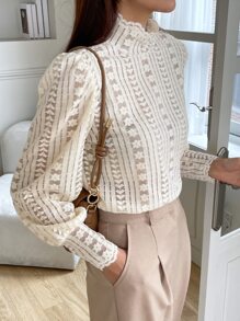 DAZY Mock Neck Lantern Sleeve Lace Top Long Sleeve Women Tops,Fall Women Clothes - Apricot - View 1