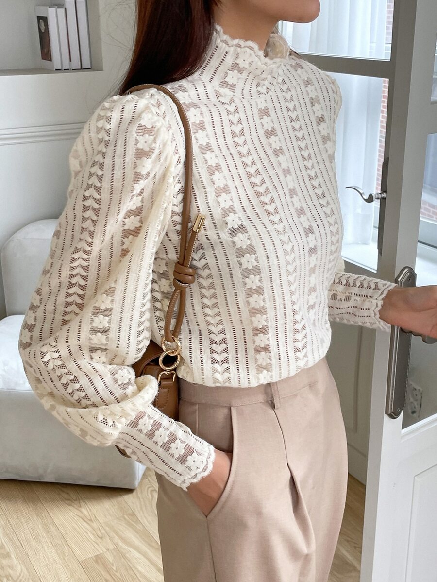 DAZY Mock Neck Lantern Sleeve Lace Top Long Sleeve Women Tops,Fall Women Clothes - Apricot - View 1