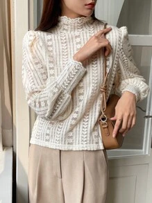 DAZY Mock Neck Lantern Sleeve Lace Top Long Sleeve Women Tops,Fall Women Clothes - Apricot - View 5