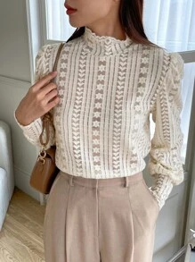DAZY Mock Neck Lantern Sleeve Lace Top Long Sleeve Women Tops,Fall Women Clothes - Apricot - View 6