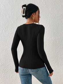 SHEIN Frenchy Square Neck Lettuce Trim Tee Winter Black Black Casual - Black - View 2