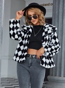 Eilly Bazar Abrigo con patrón de rombo con parte delantera abierta de peluche - Blanco y Negro - Ver 1