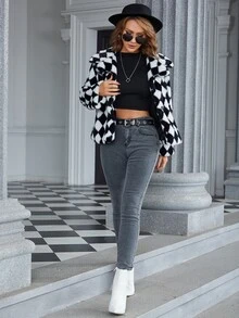 Eilly Bazar Abrigo con patrón de rombo con parte delantera abierta de peluche - Blanco y Negro - Ver 6