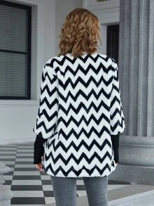 Eilly Bazar Chevron Pattern Open Front Fuzzy Coat - Black and White - View 2