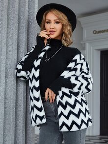 Eilly Bazar Chevron Pattern Open Front Fuzzy Coat - Black and White - View 4
