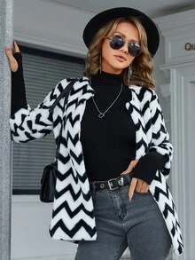 Eilly Bazar Chevron Pattern Open Front Fuzzy Coat - Black and White - View 5