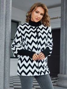 Eilly Bazar Chevron Pattern Open Front Fuzzy Coat - Black and White - View 6