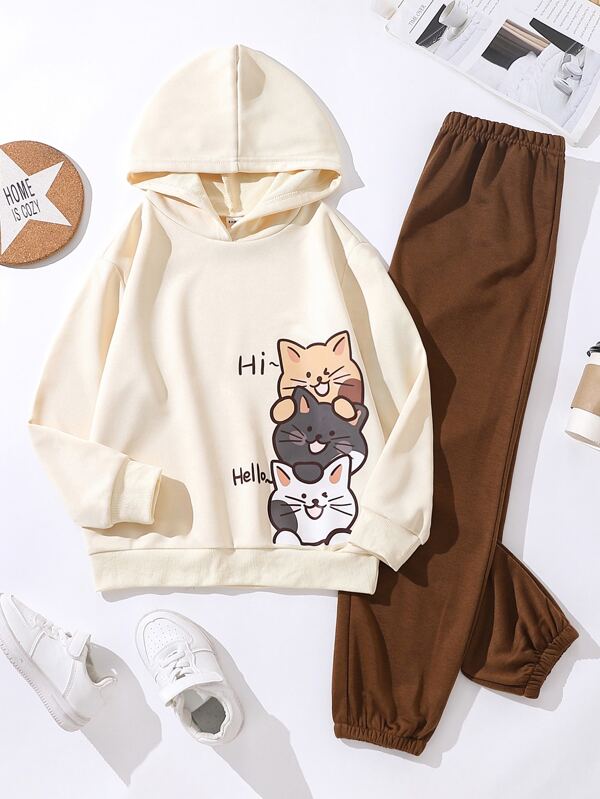 SHEIN Conjunto De Sudadera Con Capucha Y Pantalones Deportivos Para Niña Con Gráficos De Letras Y Dibujos Animados