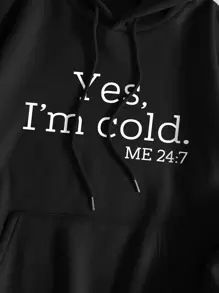 SHEIN EZwear Slogan Graphic Kangaroo Pocket Drawstring Thermal Hoodie - Black - View 5