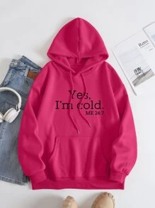 SHEIN EZwear Slogan Graphic Kangaroo Pocket Drawstring Thermal Hoodie - Hot Pink - View 1