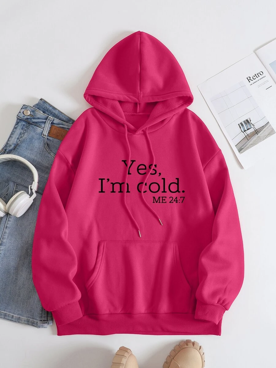 SHEIN EZwear Slogan Graphic Kangaroo Pocket Drawstring Thermal Hoodie - Hot Pink - View 1