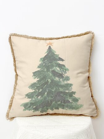 Christmas Tree Print Fringe Trim Cushion Cover Without Filler