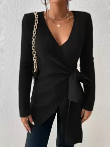 Firerie Women's Solid Color Twist Knot Long Sleeve Casual Sweater, Autumn/Winter,Long Sleeve Tops, Fall And Winter, Elegant, Black, Longsleeve,Bandage