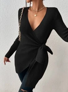 Firerie Women's Solid Color Twist Knot Long Sleeve Casual Sweater, Autumn/Winter,Long Sleeve Tops, Fall And Winter, Elegant, Black, Longsleeve,Bandage