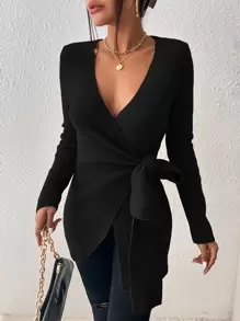 Firerie Women's Solid Color Twist Knot Long Sleeve Casual Sweater, Autumn/Winter,Long Sleeve Tops, Fall And Winter, Elegant, Black, Longsleeve,Bandage