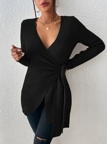 Firerie Women's Solid Color Twist Knot Long Sleeve Casual Sweater, Autumn/Winter,Long Sleeve Tops, Fall And Winter, Elegant, Black, Longsleeve,Bandage