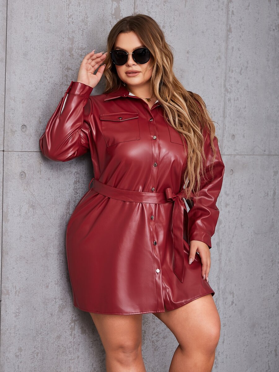 Eilly Bazar Plus Button Front Belted PU Shirt Dress - Burgundy - View 1