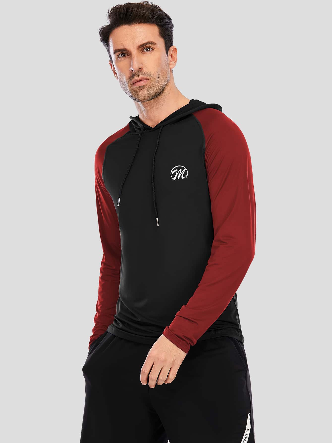 Men Letter Graphic Raglan Sleeve Drawstring Sports Sweatshirt - Black - View 1