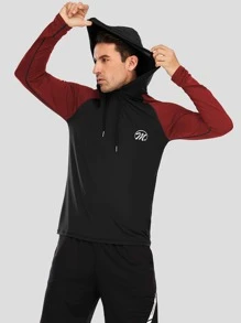 Men Letter Graphic Raglan Sleeve Drawstring Sports Sweatshirt - Black - View 3