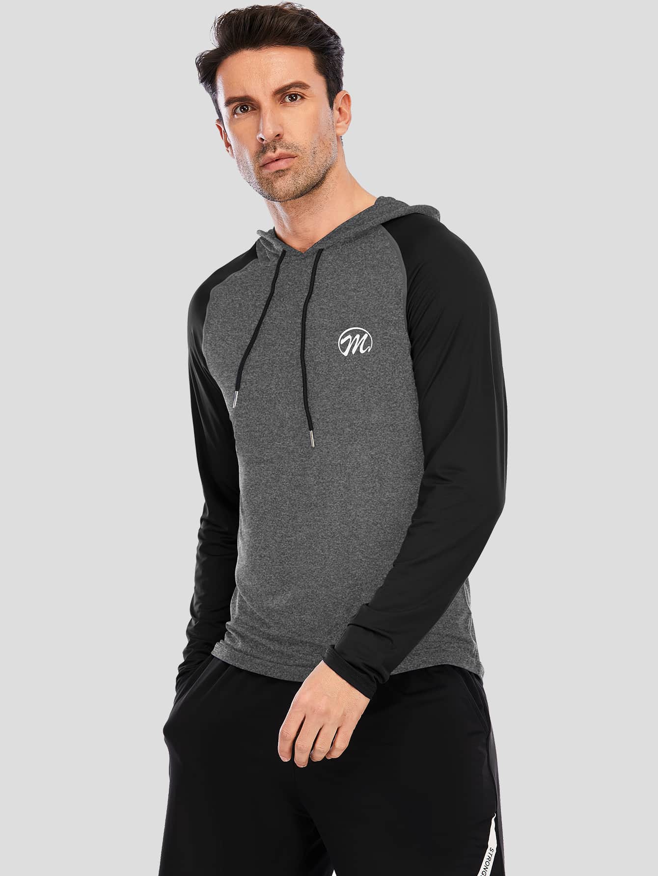 Men Letter Graphic Raglan Sleeve Drawstring Sports Sweatshirt - Grey - View 1