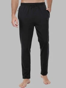 Men Drawstring Waist Zipper Pocket Sports Trousers - Black - View 1